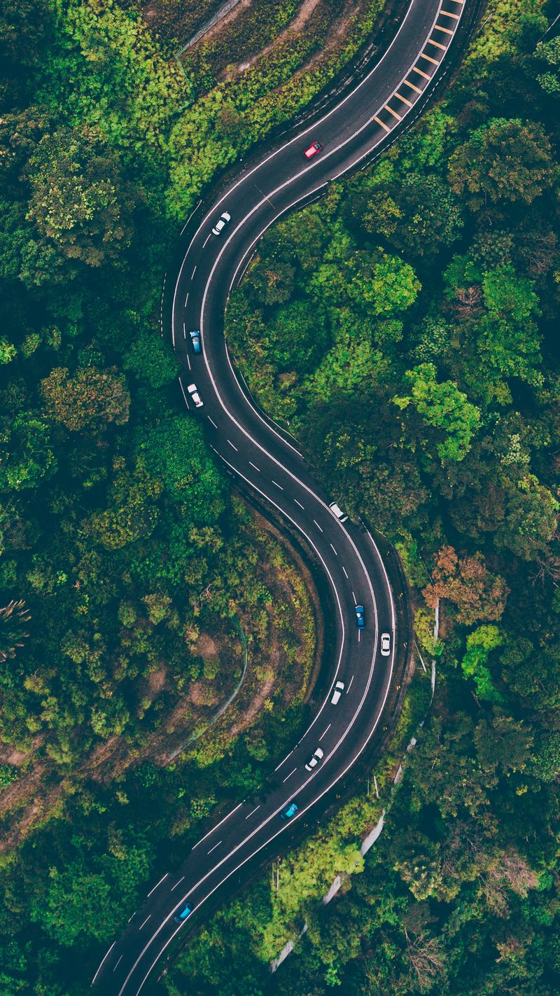 Aerial view of a winding road through forest