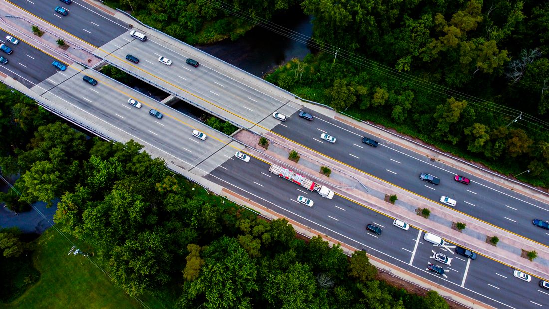Aerial view of a busy multi-lane motorway